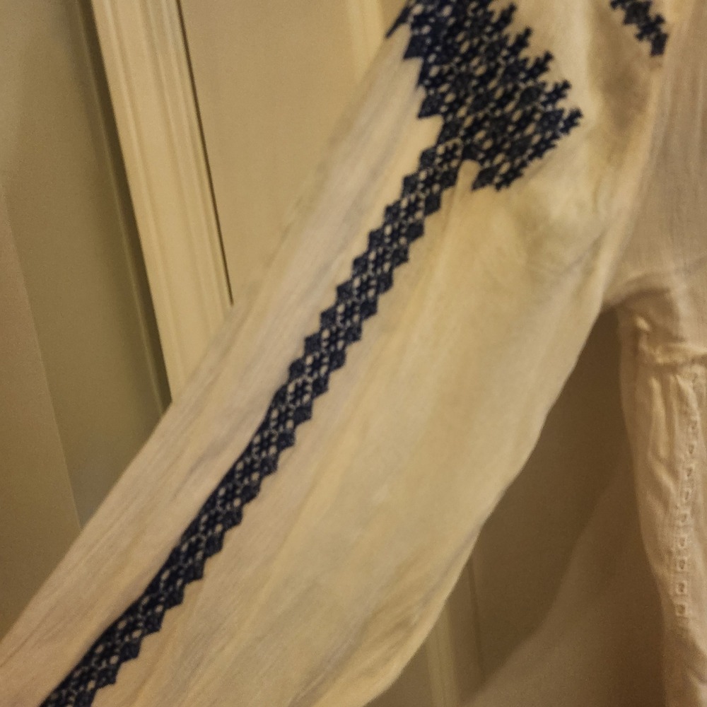 Free People Embroidered Boho Mini Dress Ivory Blue White Tassel Eyelet Small - Picture 9 of 12